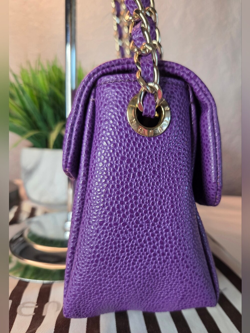 Henri Bendel Milliner Purple Pebbled Leather Chain Crossbody Shoulder Bag - Picture 6 of 16